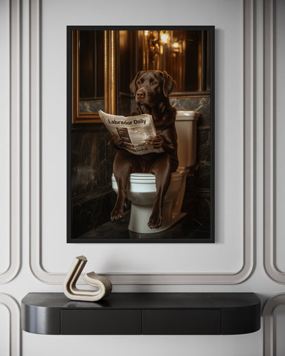 Chocolate Brown Labrador Retriever On Toilet Reading Newspaper Picture Canvas Wall Art