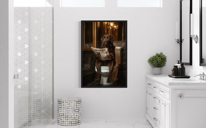 Chocolate Brown Labrador Retriever On Toilet Reading Newspaper Picture Canvas Wall Art