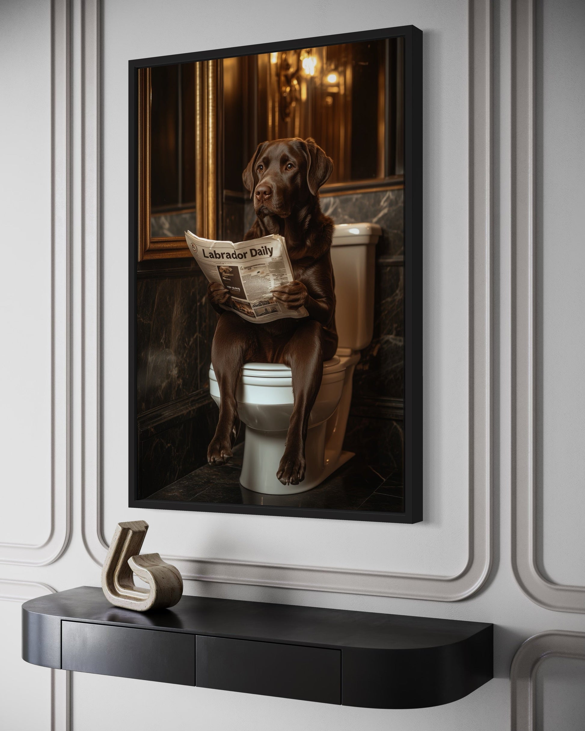 Chocolate Brown Labrador Retriever On Toilet Reading Newspaper Picture Canvas Wall Art