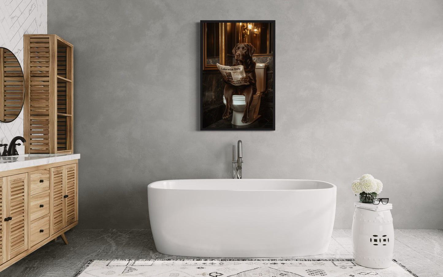 Chocolate Brown Labrador Retriever On Toilet Reading Newspaper Picture Canvas Wall Art