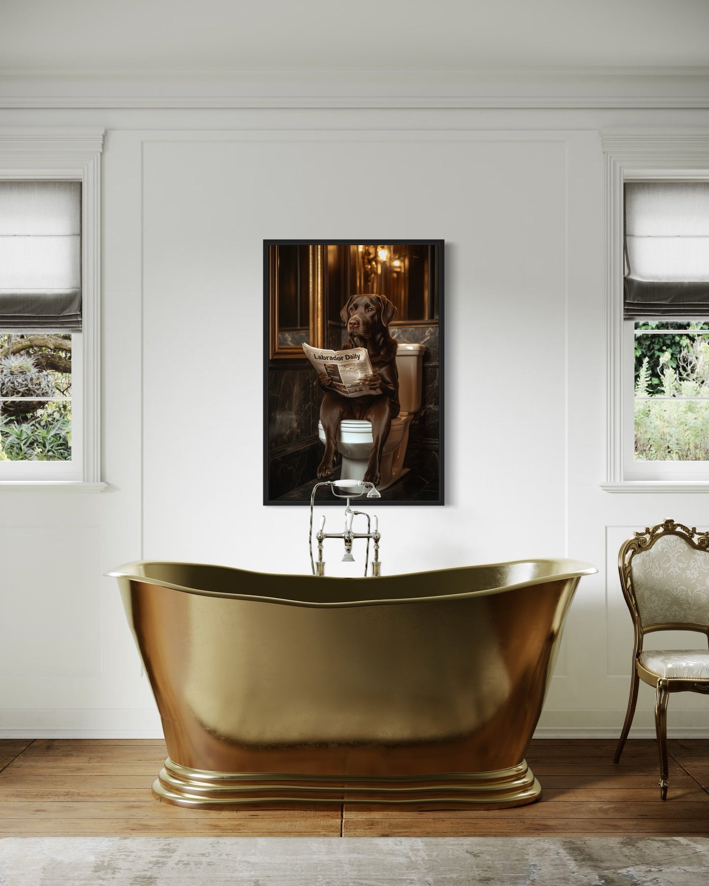 Chocolate Brown Labrador Retriever On Toilet Reading Newspaper Picture Canvas Wall Art
