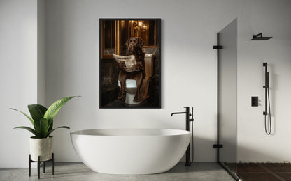 Chocolate Brown Labrador Retriever On Toilet Reading Newspaper Picture Canvas Wall Art