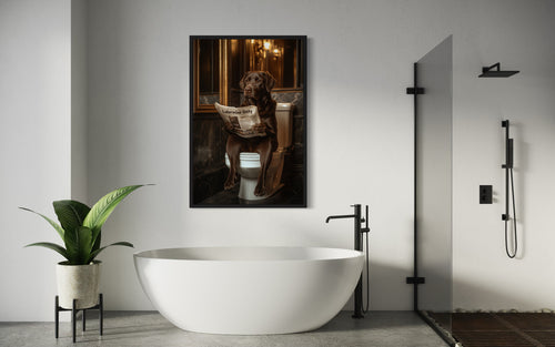 Chocolate Brown Labrador Retriever On Toilet Reading Newspaper Picture Canvas Wall Art