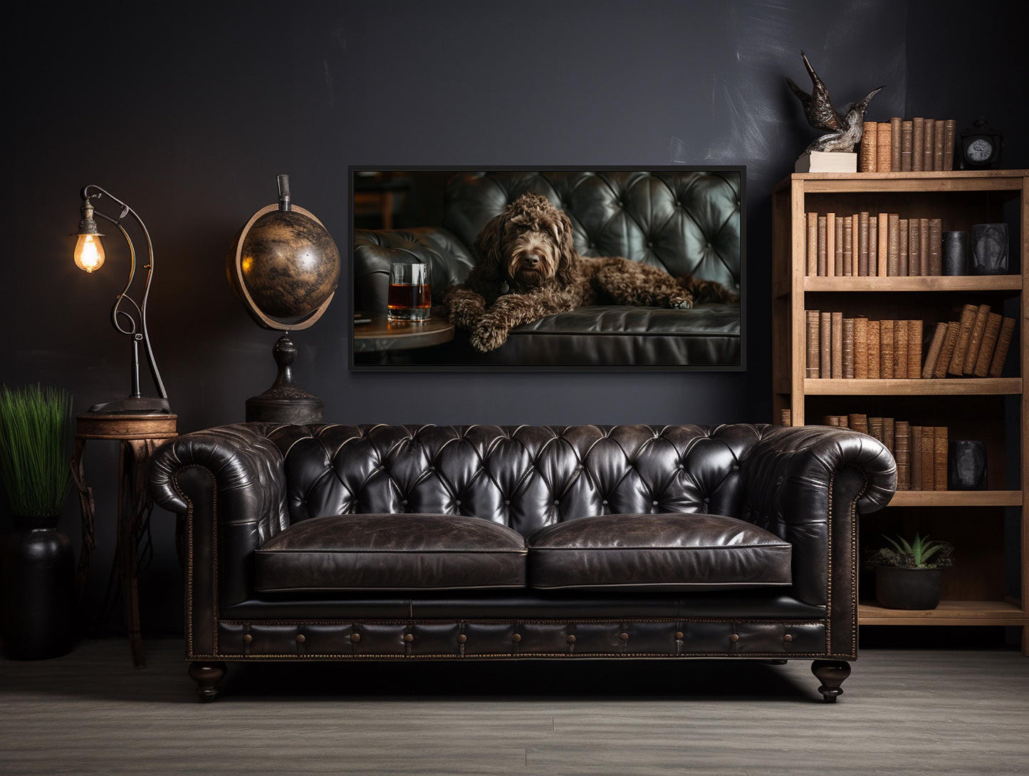 Chocolate Goldendoodle On Couch Drinking Whiskey Framed Canvas Wall Art