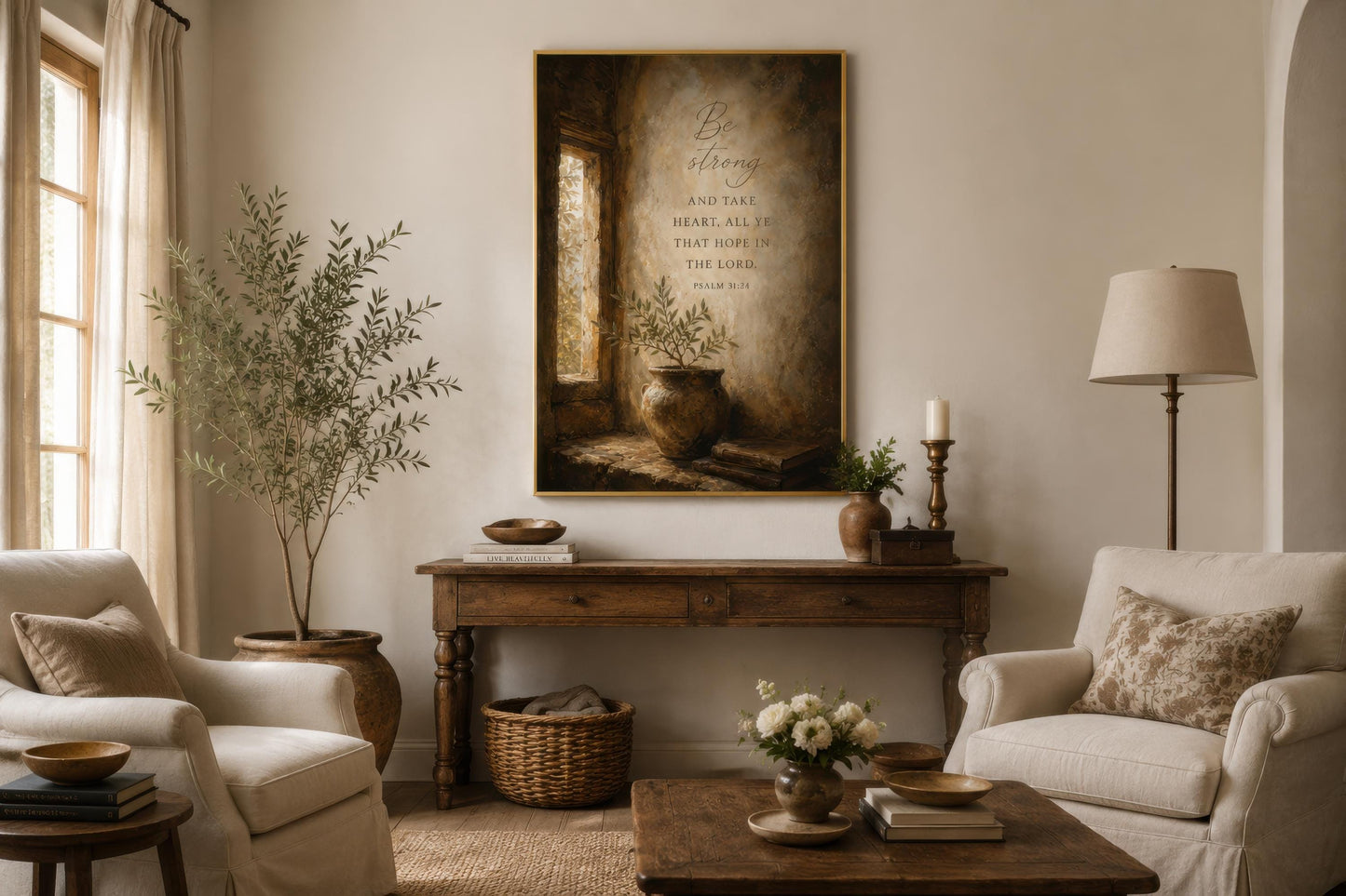 Christian Scripture Wall Art – Be Strong Psalm 31 Canvas Print | Faith Wall Decor