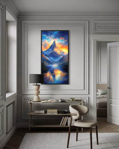 Christian Scripture Wall Art – Mountain Sunrise Painting | Let God Be True Canvas