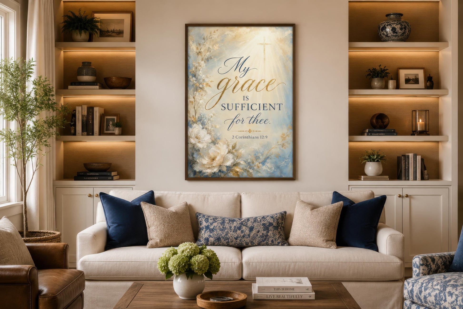 Christian Wall Art Canvas - Grace Scripture Art 2 Corinthians 12:9 Print for Living Room