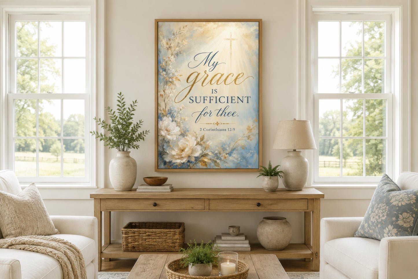 Christian Wall Art Canvas - Grace Scripture Art 2 Corinthians 12:9 Print for Living Room
