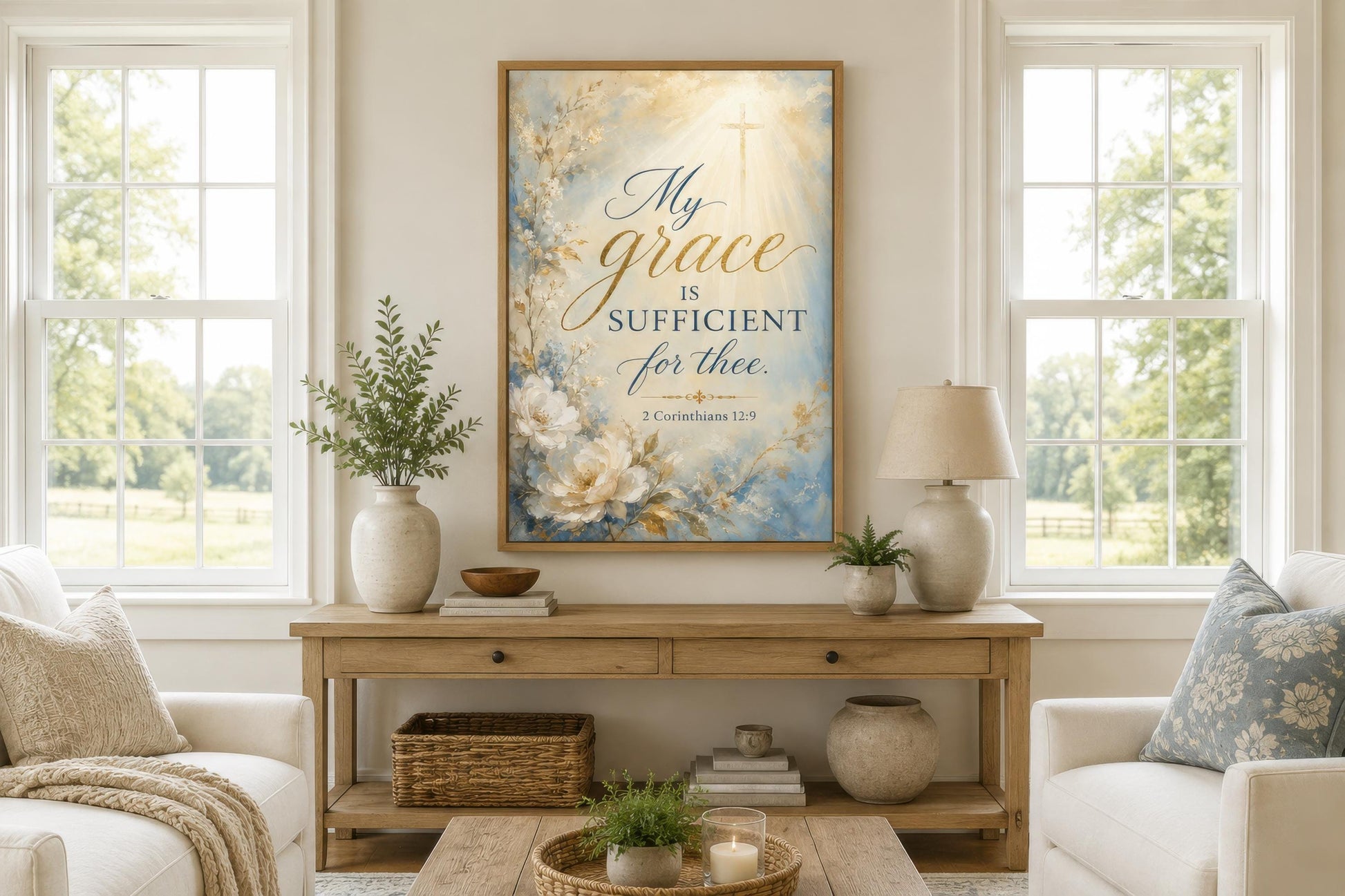 Christian Wall Art Canvas - Grace Scripture Art 2 Corinthians 12:9 Print for Living Room