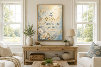 Christian Wall Art Canvas - Grace Scripture Art 2 Corinthians 12:9 Print for Living Room