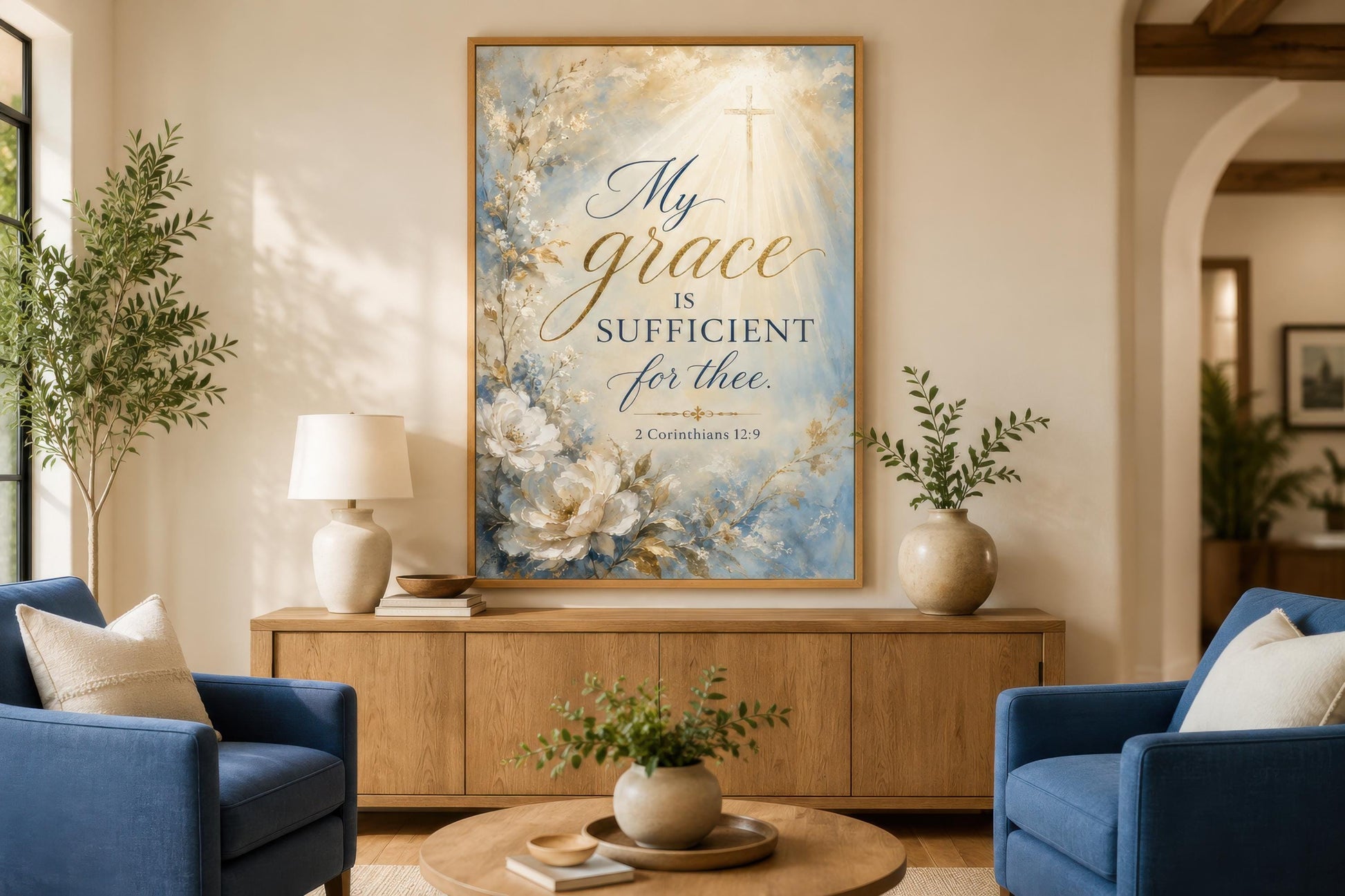 Christian Wall Art Canvas - Grace Scripture Art 2 Corinthians 12:9 Print for Living Room