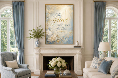 Christian Wall Art Canvas - Grace Scripture Art 2 Corinthians 12:9 Print for Living Room