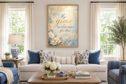 Christian Wall Art Canvas - Grace Scripture Art 2 Corinthians 12:9 Print for Living Room