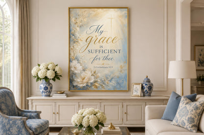 Christian Wall Art Canvas - Grace Scripture Art 2 Corinthians 12:9 Print for Living Room