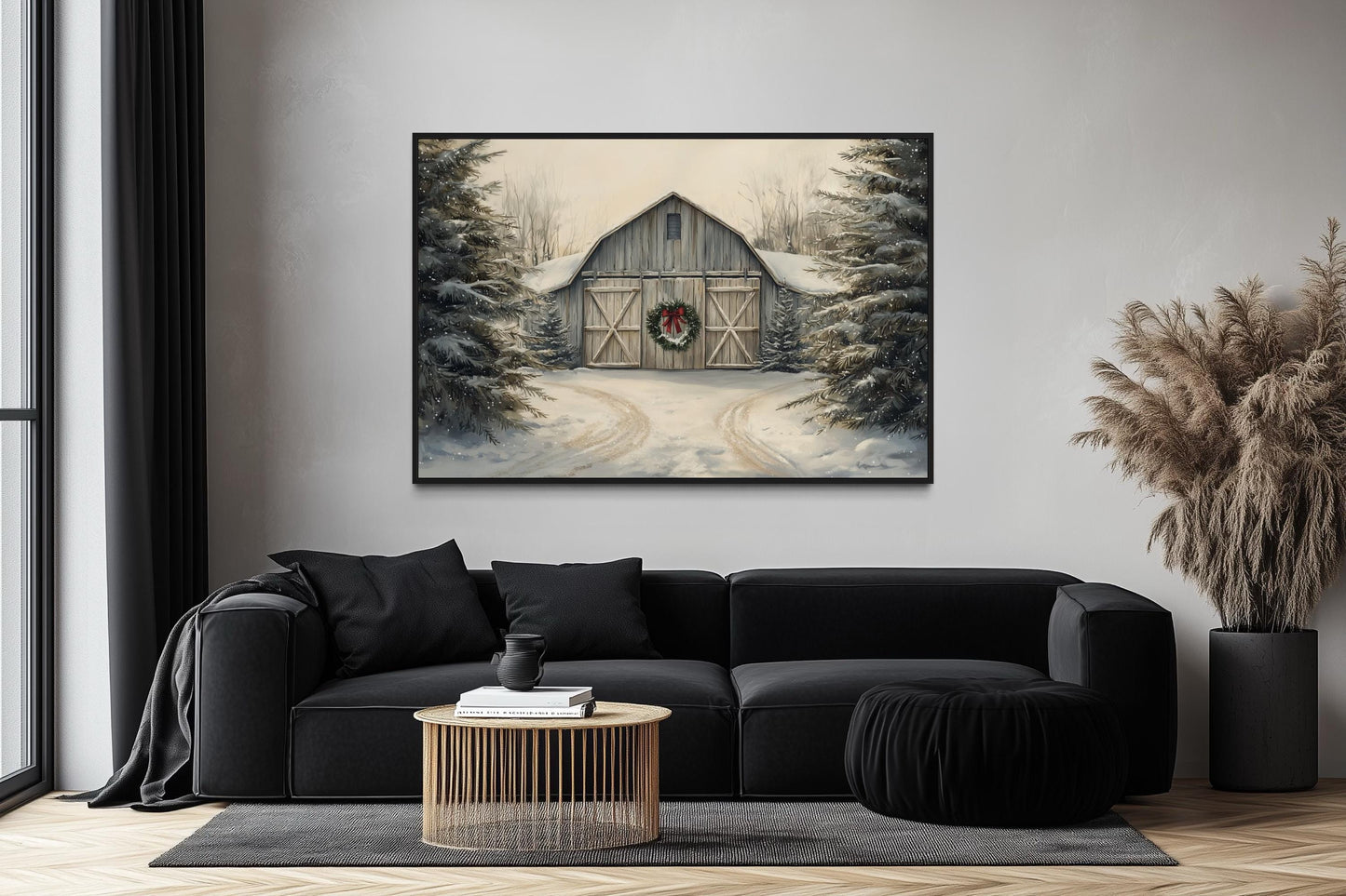 Christmas Barn In Snow Canvas Wall Art