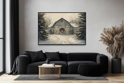 Christmas Barn In Snow Canvas Wall Art