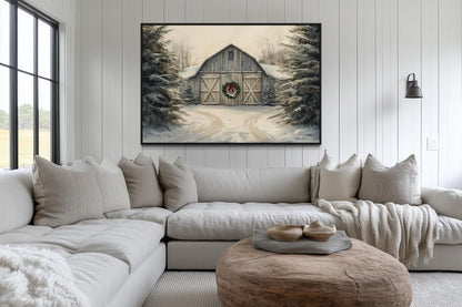 Christmas Barn In Snow Canvas Wall Art