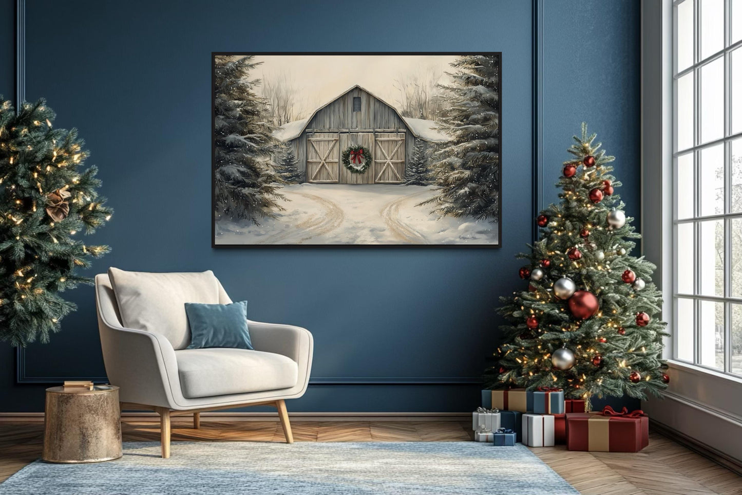 Christmas Barn In Snow Canvas Wall Art