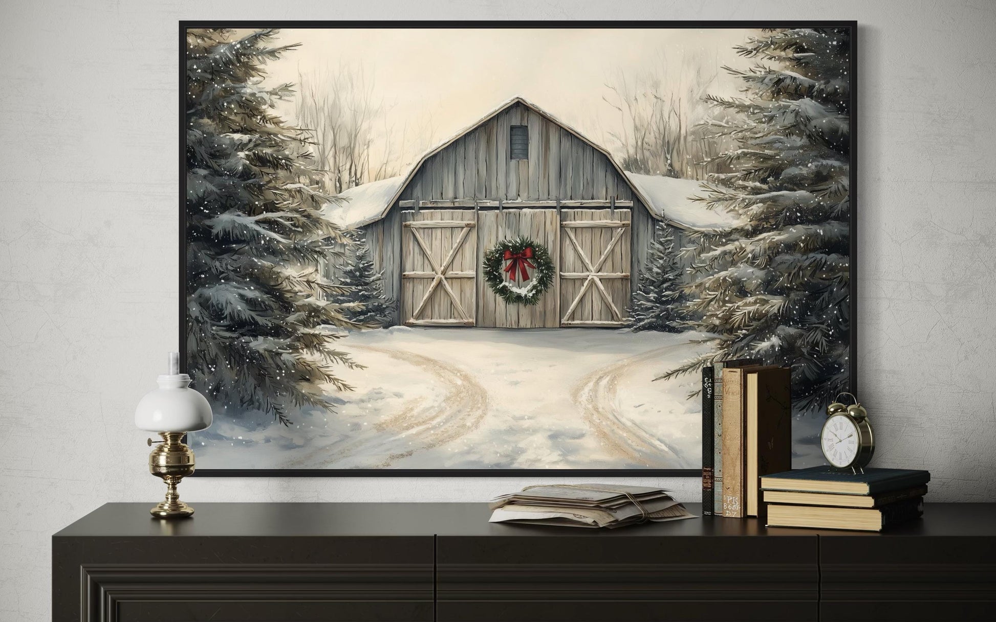 Christmas Barn In Snow Canvas Wall Art