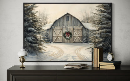Christmas Barn In Snow Canvas Wall Art