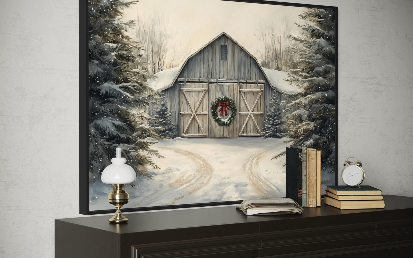 Christmas Barn In Snow Canvas Wall Art