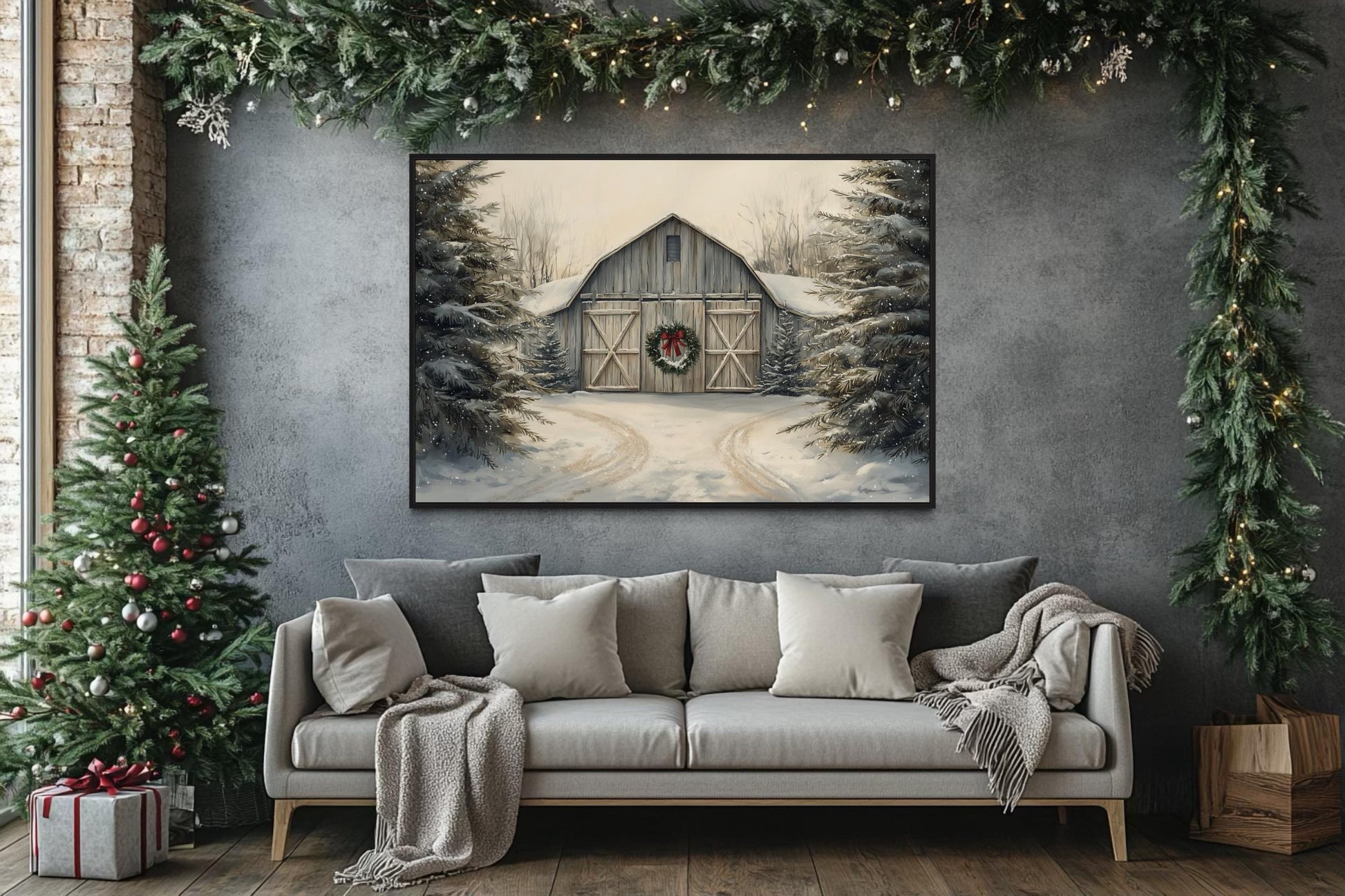 Christmas Barn In Snow Canvas Wall Art