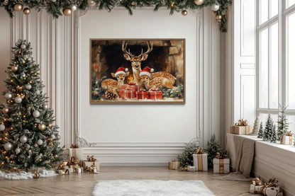 Christmas Deer With Santa Hats and Gifts Canvas Wall Art