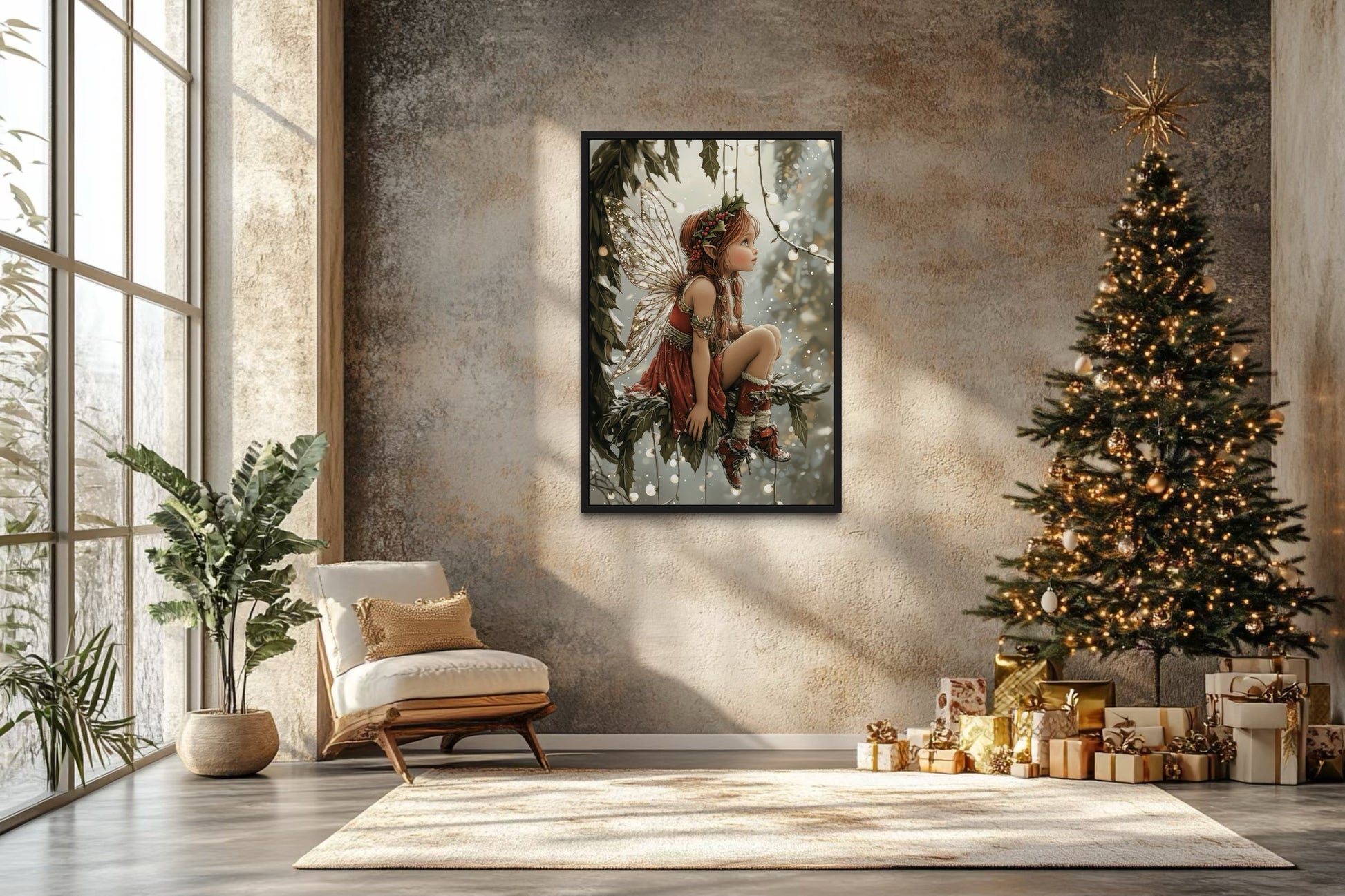 Christmas Fairy Sitting on Mistletoe Framed Canvas Wall Art