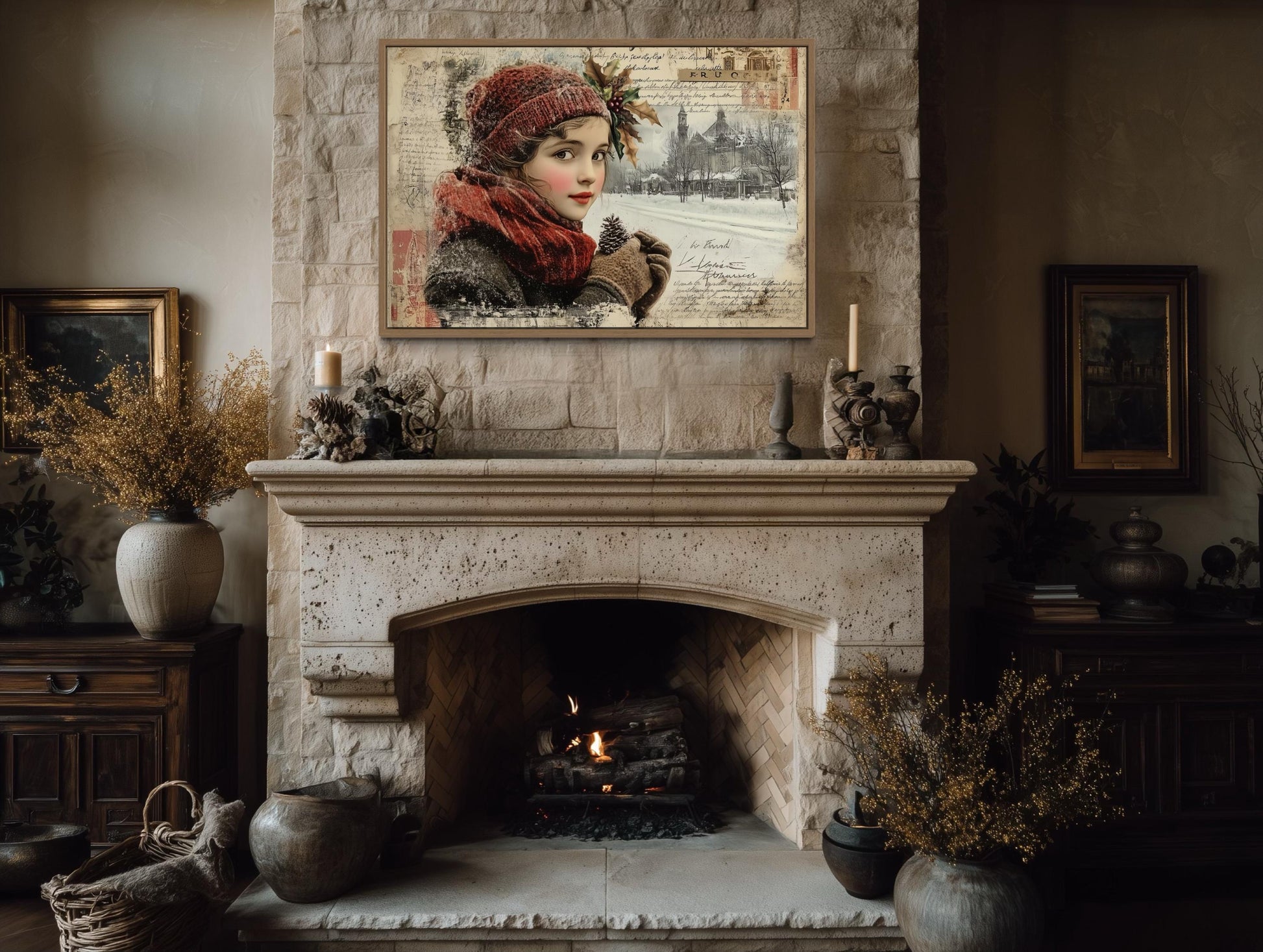 Christmas Girl Vintage Postcard Style Framed Canvas Wall Art