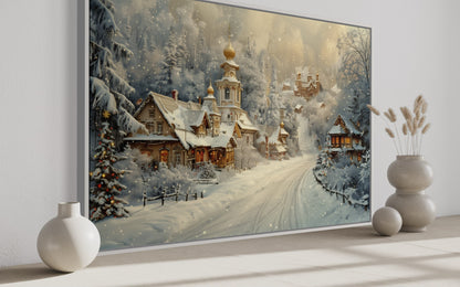 Christmas In Snowy Winter Village Framed Canvas Wall Art