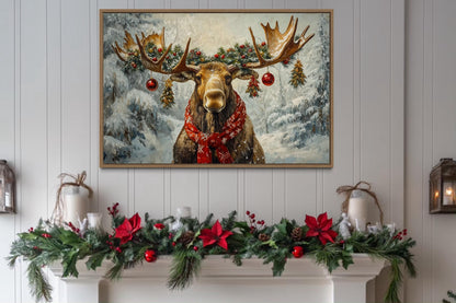 Christmas Moose With Red Scarf And Ornaments Canvas Wall Art