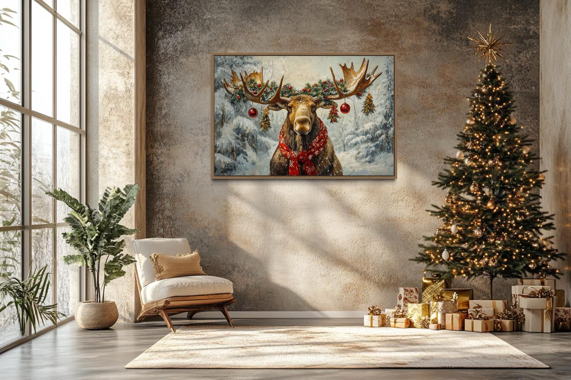 Christmas Moose With Red Scarf And Ornaments Canvas Wall Art