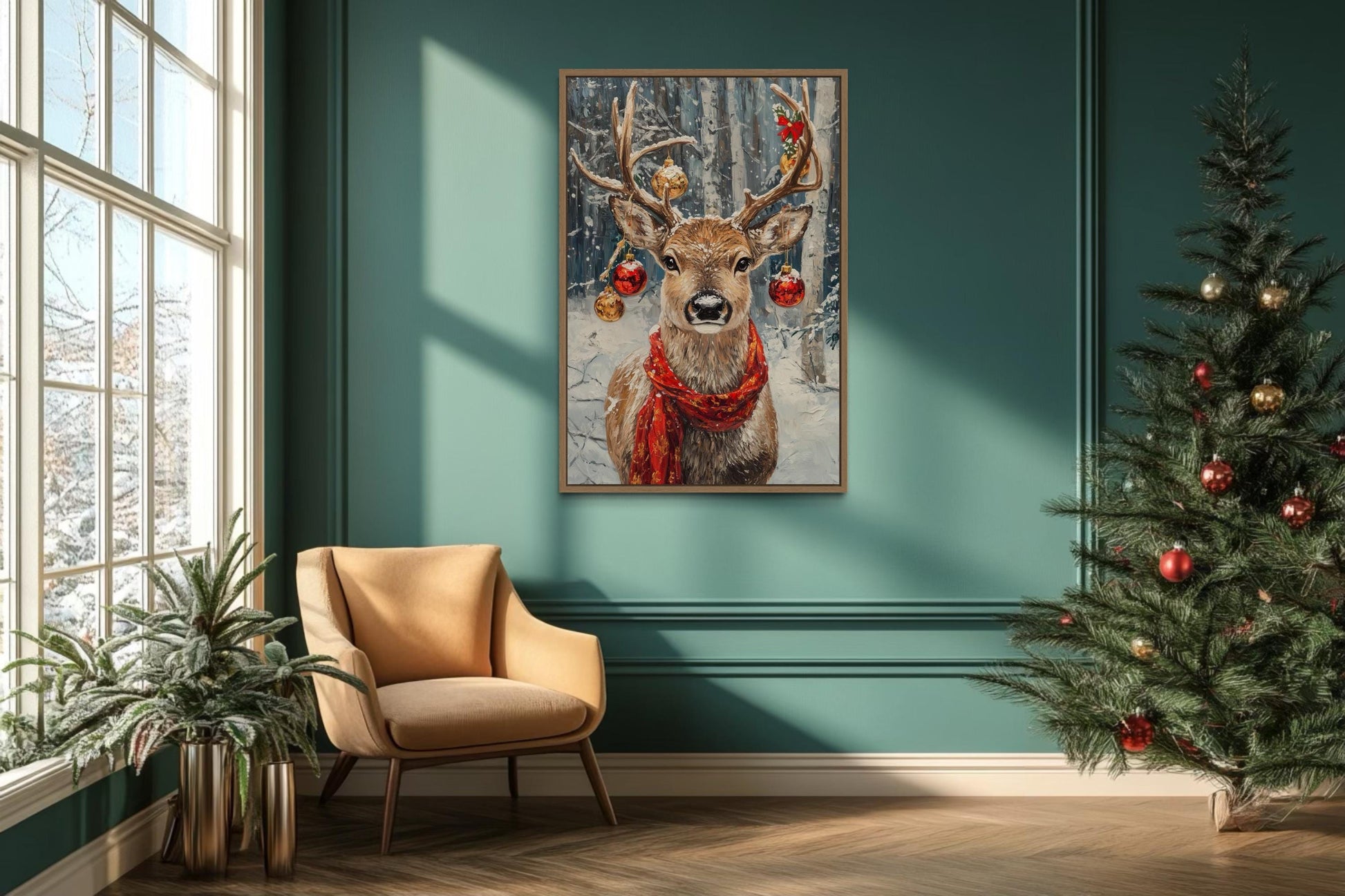 Christmas Reindeer With Red Scarf And Ornaments Canvas Wall Art