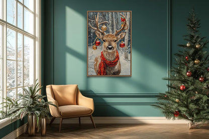 Christmas Reindeer With Red Scarf And Ornaments Canvas Wall Art
