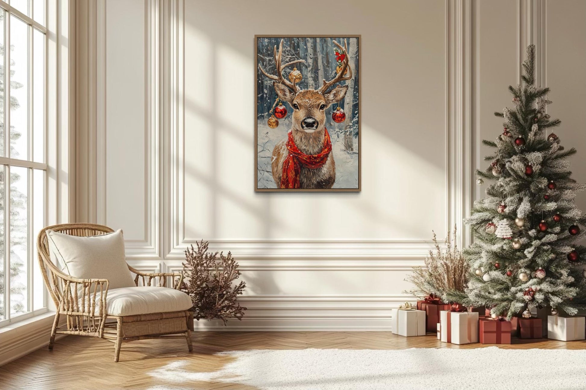 Christmas Reindeer With Red Scarf And Ornaments Canvas Wall Art
