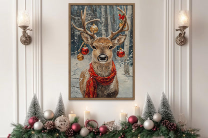 Christmas Reindeer With Red Scarf And Ornaments Canvas Wall Art