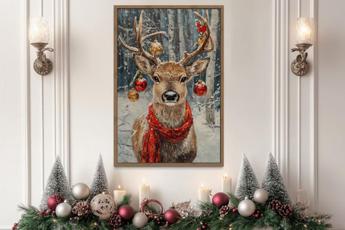 Christmas Reindeer With Red Scarf And Ornaments Canvas Wall Art