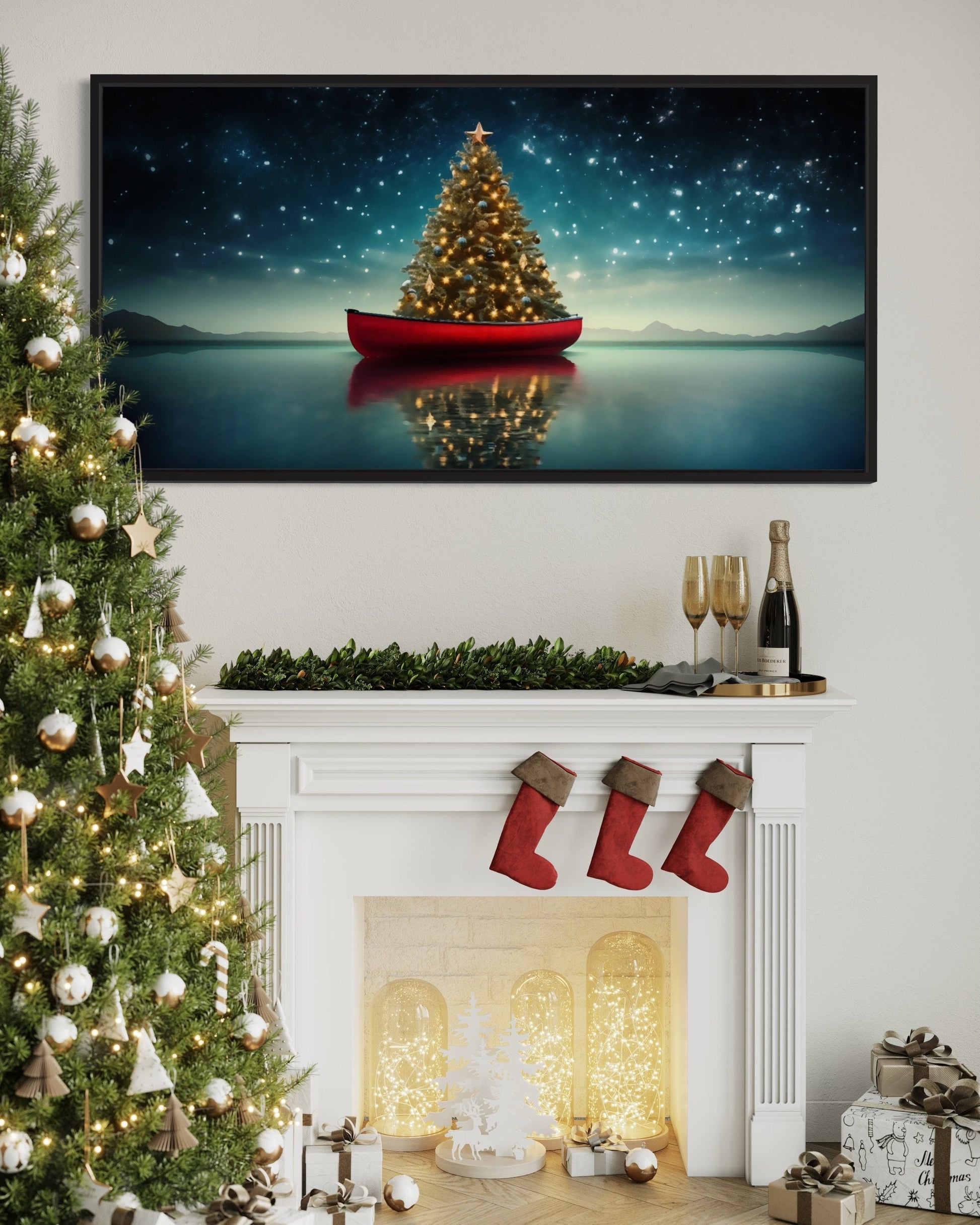 Christmas Tree Wall Art - Rustic Red Canoe Painting | Cozy Cabin Holiday Decor