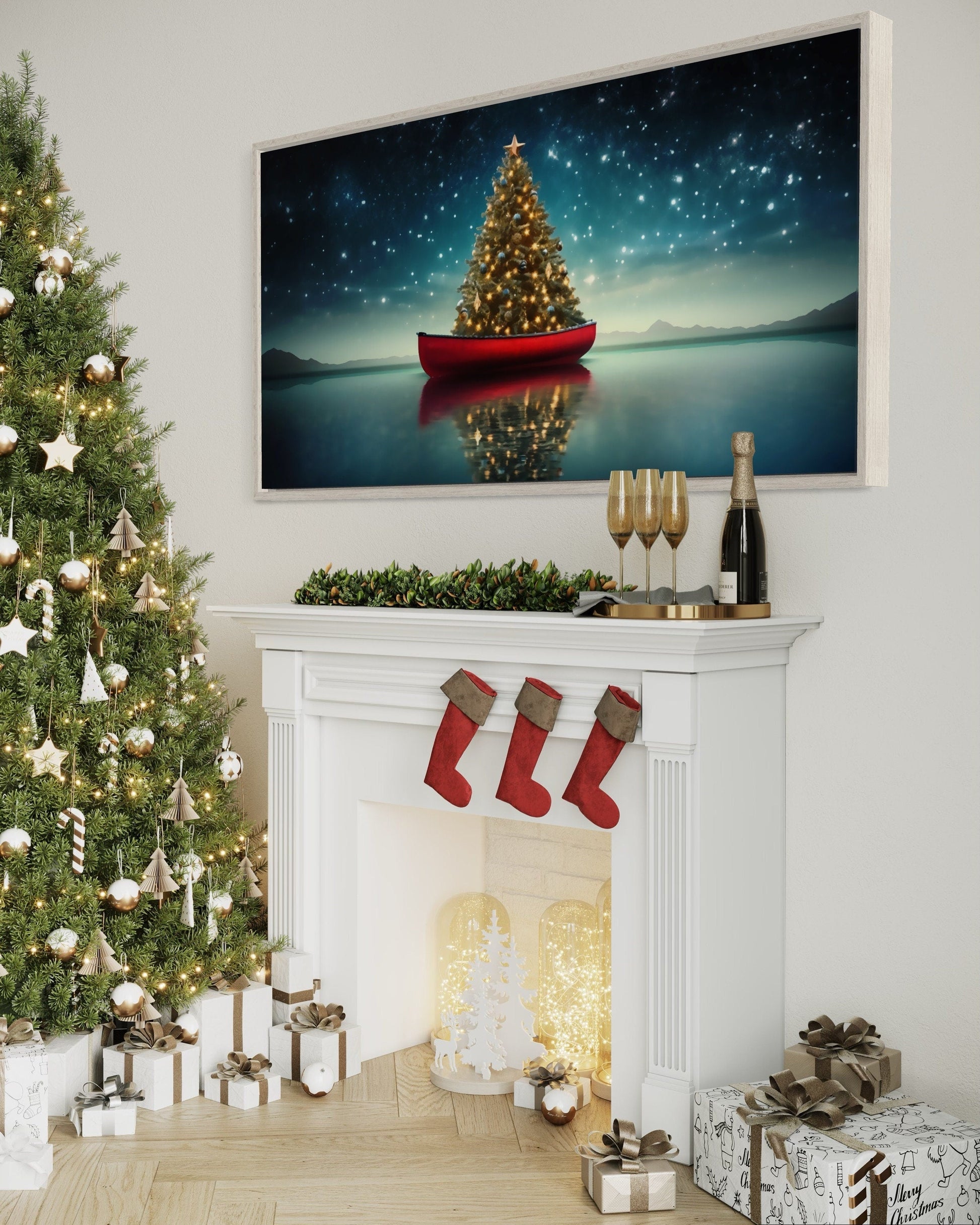 Christmas Tree Wall Art - Rustic Red Canoe Painting | Cozy Cabin Holiday Decor