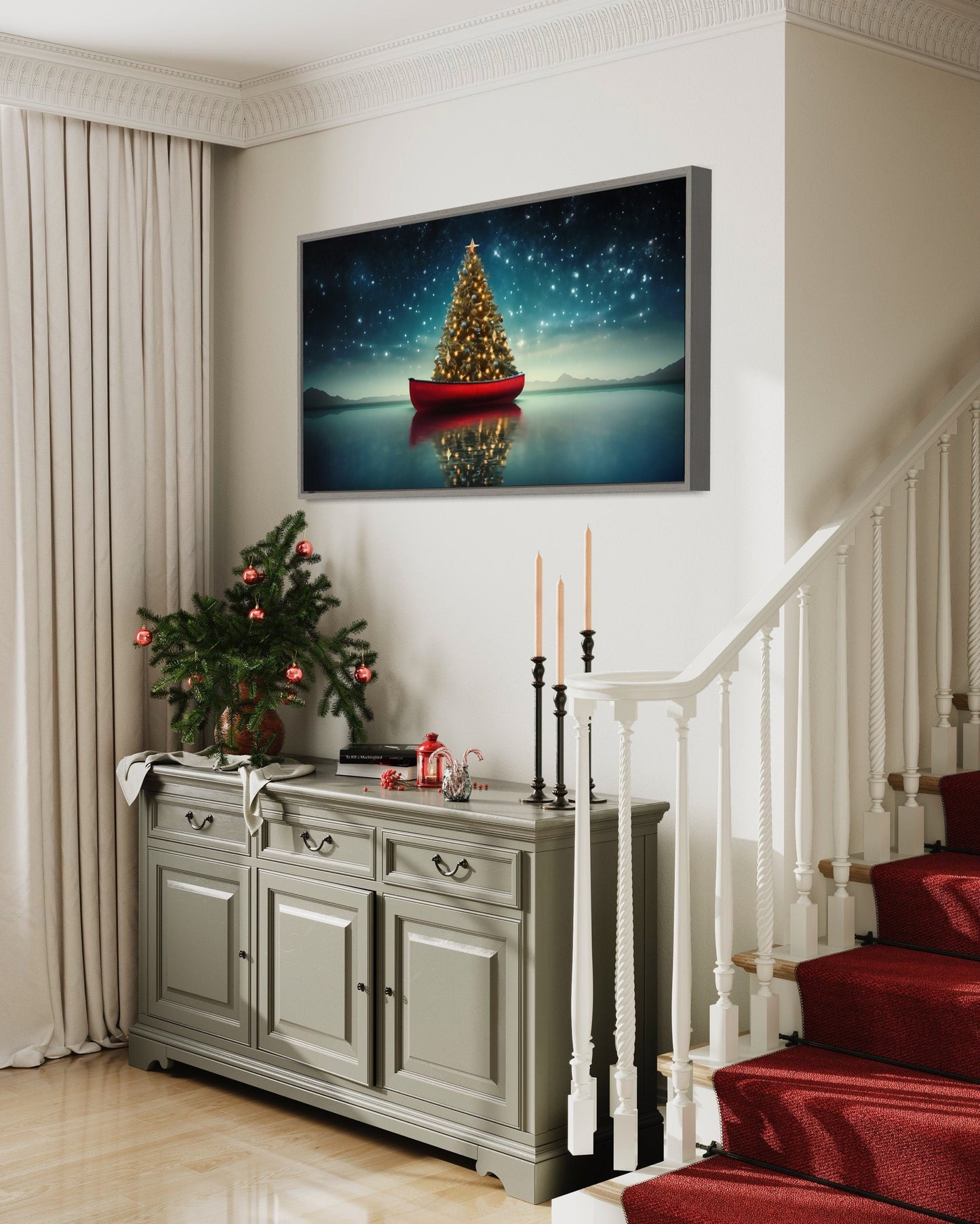 Christmas Tree Wall Art - Rustic Red Canoe Painting | Cozy Cabin Holiday Decor
