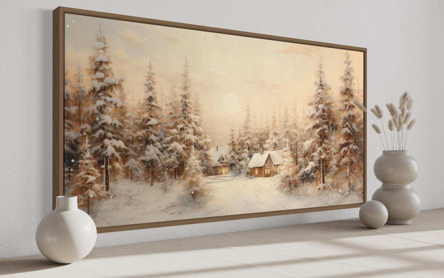 Christmas Village With Fir Trees Winter Framed Canvas Wall Art