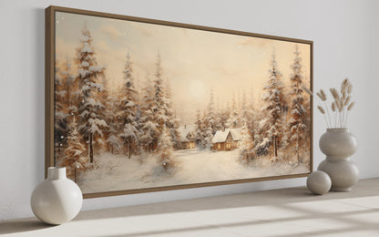 Christmas Village With Fir Trees Winter Framed Canvas Wall Art