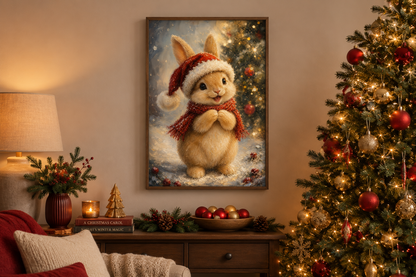 Christmas Bunny Wall Art – Red Scarf Rabbit Canvas with Snowy Pine Decoration