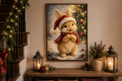 Christmas Bunny Wall Art – Red Scarf Rabbit Canvas with Snowy Pine Decoration