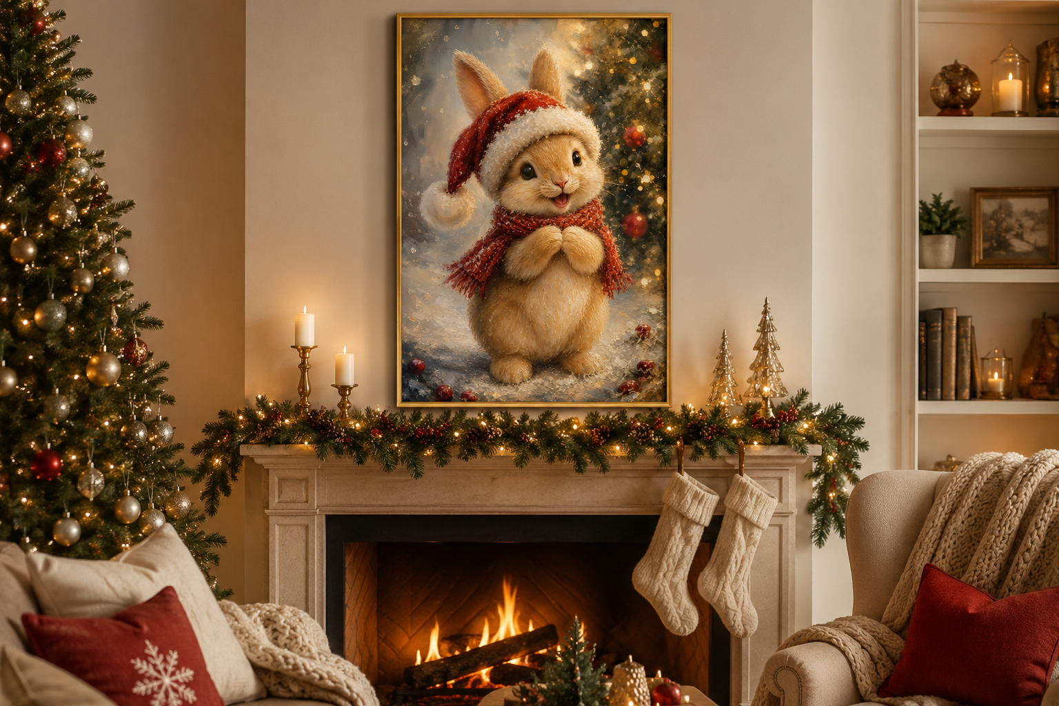 Christmas Bunny Wall Art – Red Scarf Rabbit Canvas with Snowy Pine Decoration