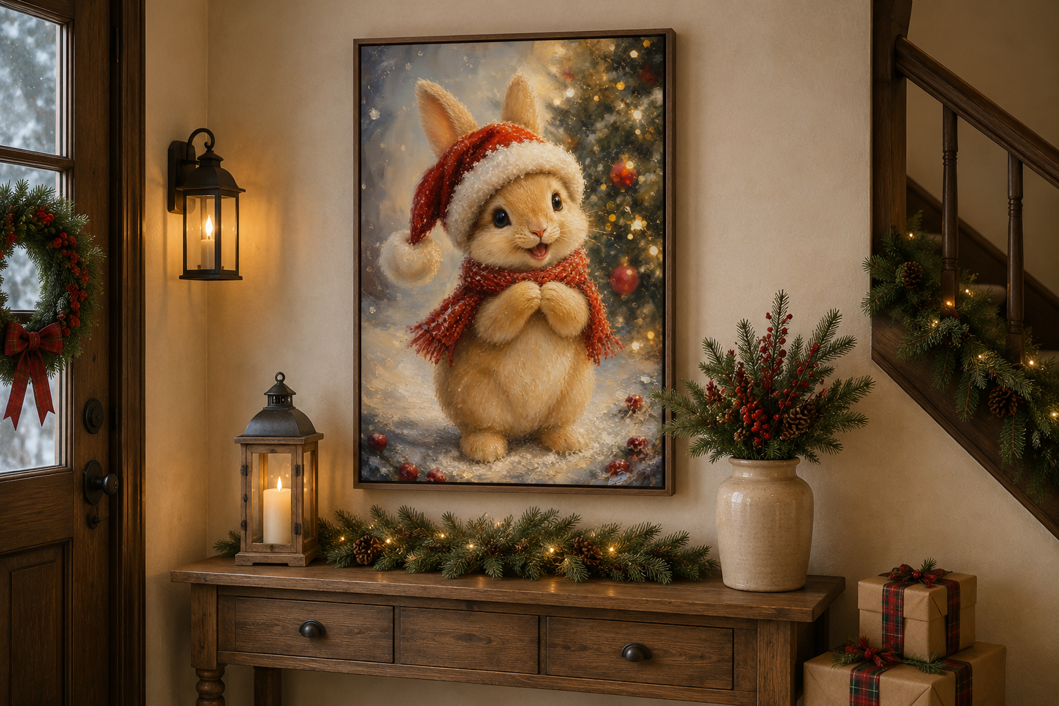 Christmas Bunny Wall Art – Red Scarf Rabbit Canvas with Snowy Pine Decoration