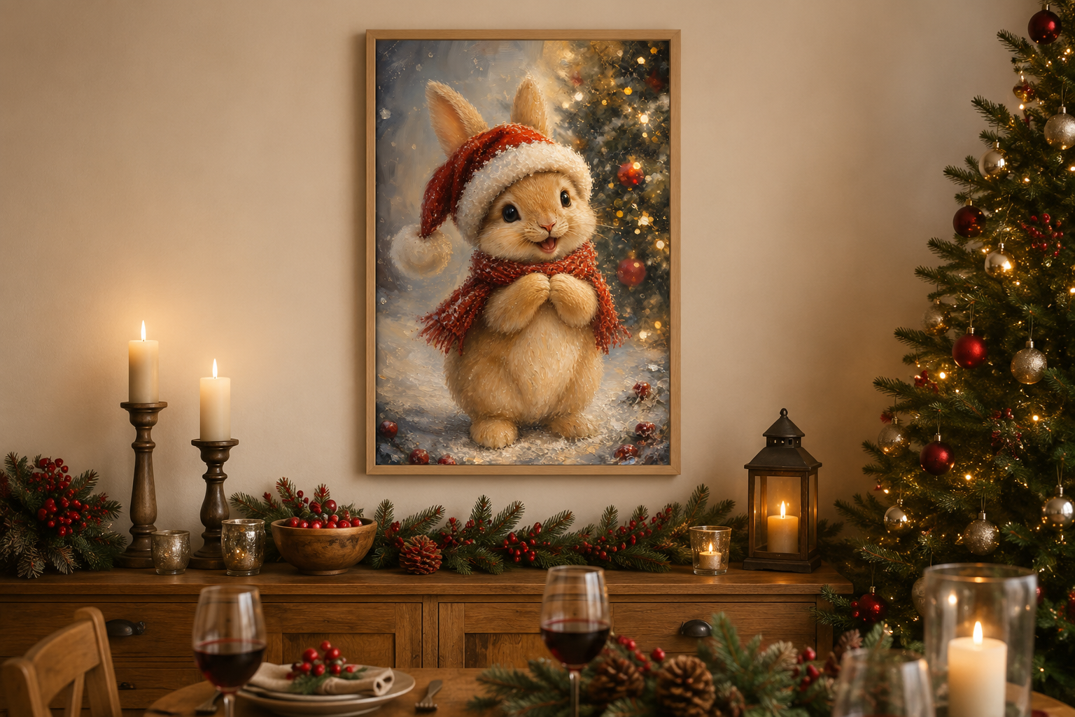 Christmas Bunny Wall Art – Red Scarf Rabbit Canvas with Snowy Pine Decoration