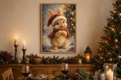 Christmas Bunny Wall Art – Red Scarf Rabbit Canvas with Snowy Pine Decoration