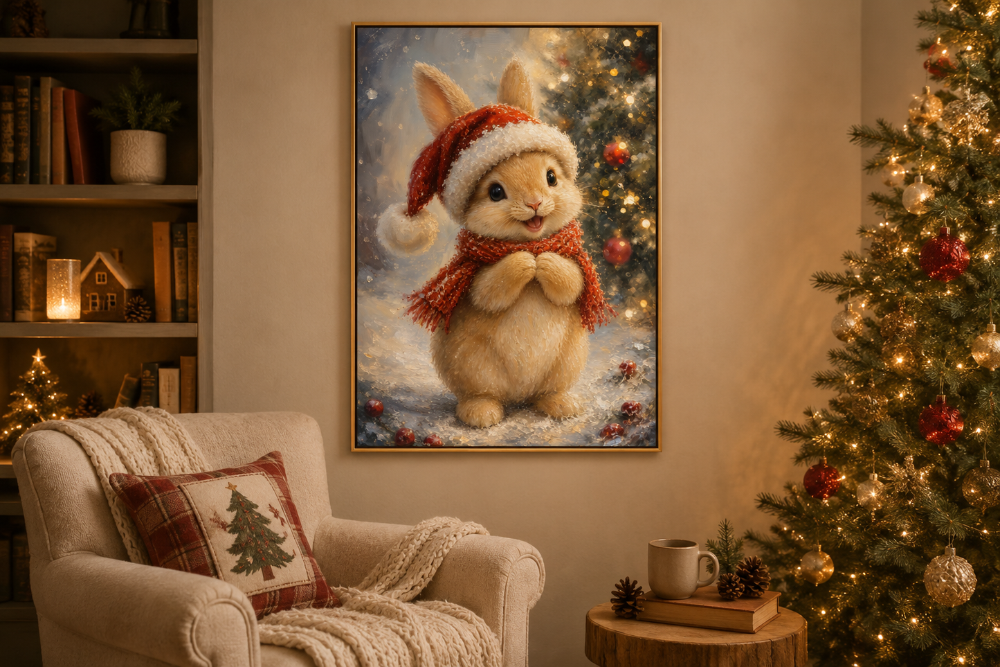 Christmas Bunny Wall Art – Red Scarf Rabbit Canvas with Snowy Pine Decoration