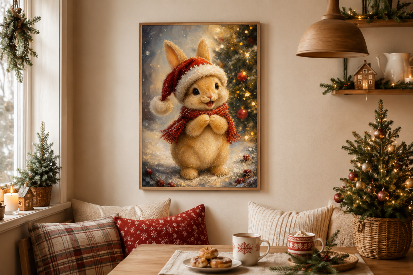 Christmas Bunny Wall Art – Red Scarf Rabbit Canvas with Snowy Pine Decoration